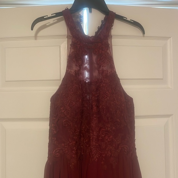 Halter top, floor length burgundy formal dress with buttoned back - Picture 1 of 5